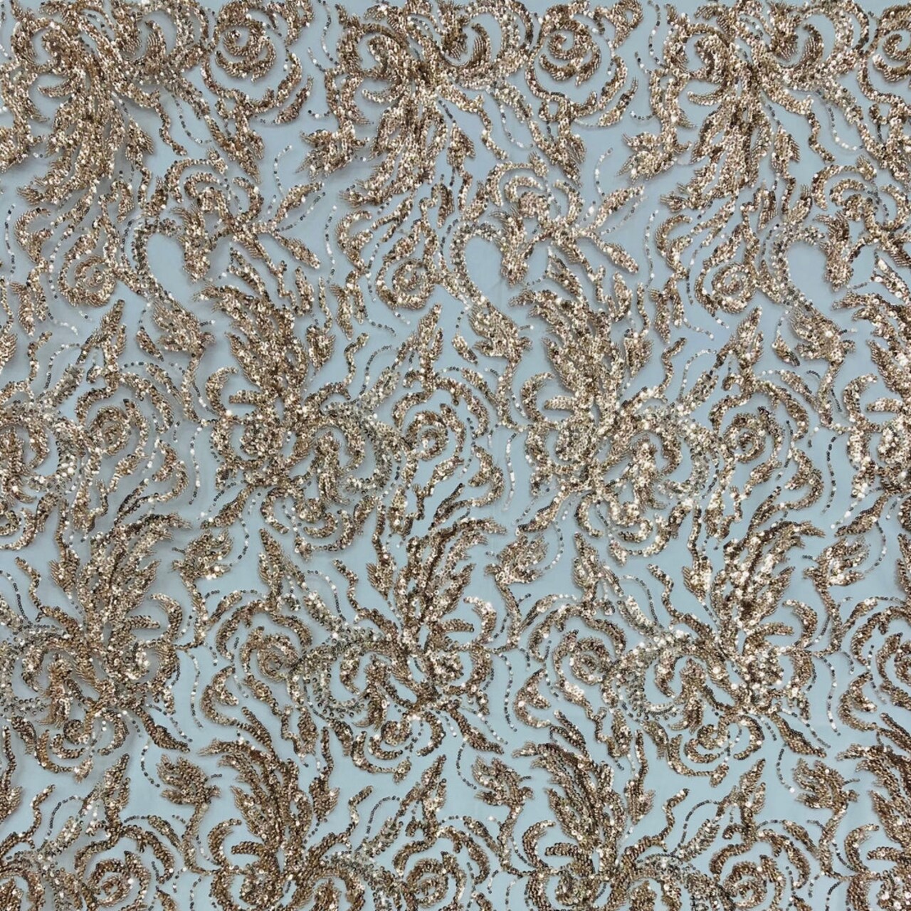 1 Yard Rose Gold Beaded & Sequined Embroidered Lace Fabric on Polyester Mesh, 54” Width
